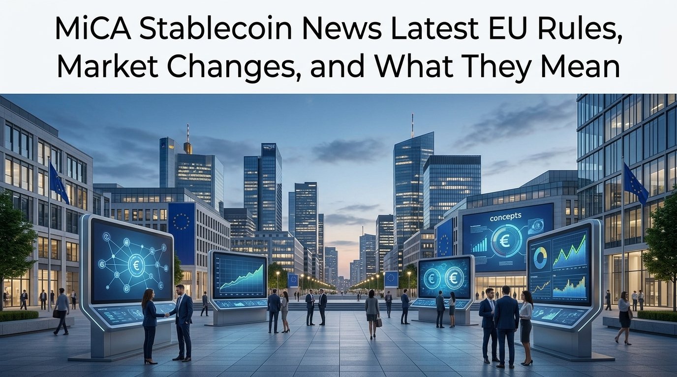 MiCA Stablecoin News featuring EU regulations, stablecoin compliance, market risks, issuer requirements, and crypto market changes.