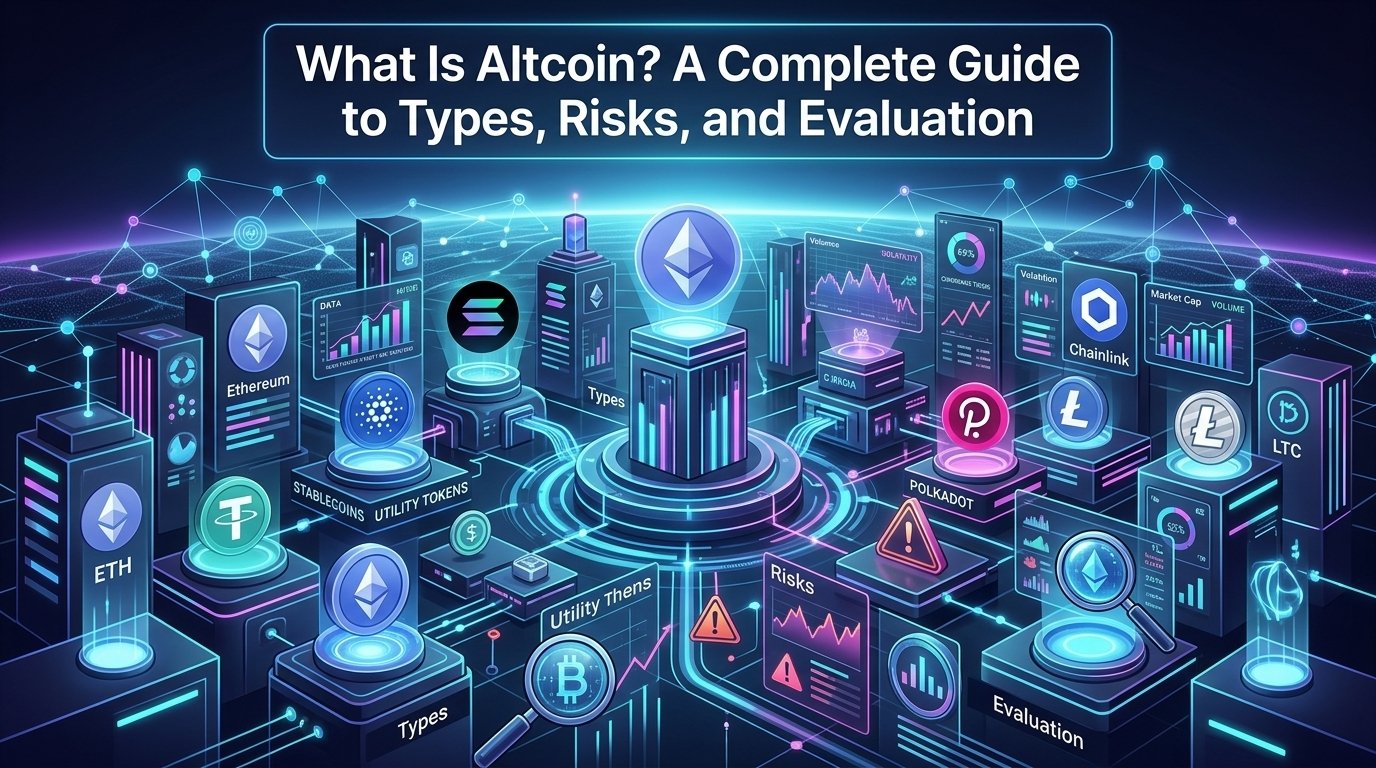 What Is Altcoin? featuring alternative cryptocurrencies, blockchain projects, market risks, volatility, utility, and investment evaluation.